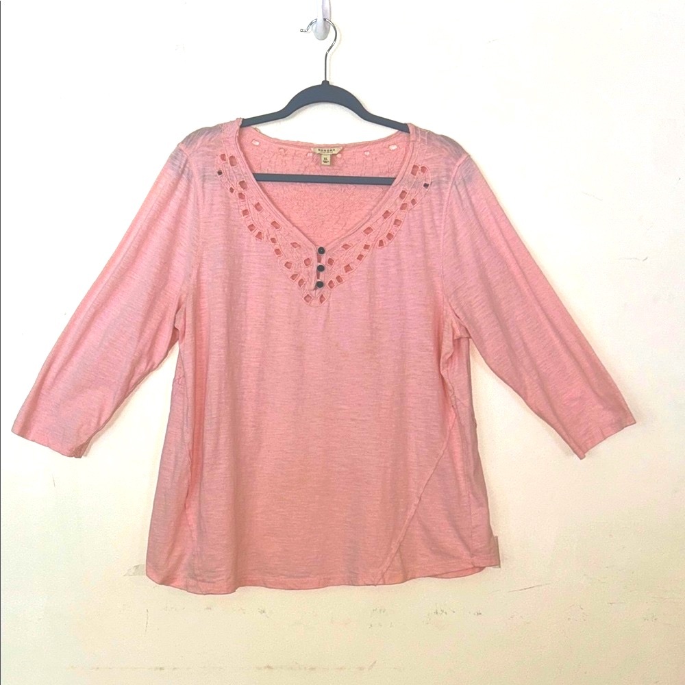 Pink Blouse with Embroidered Lace Cut-Outs and Button Accents